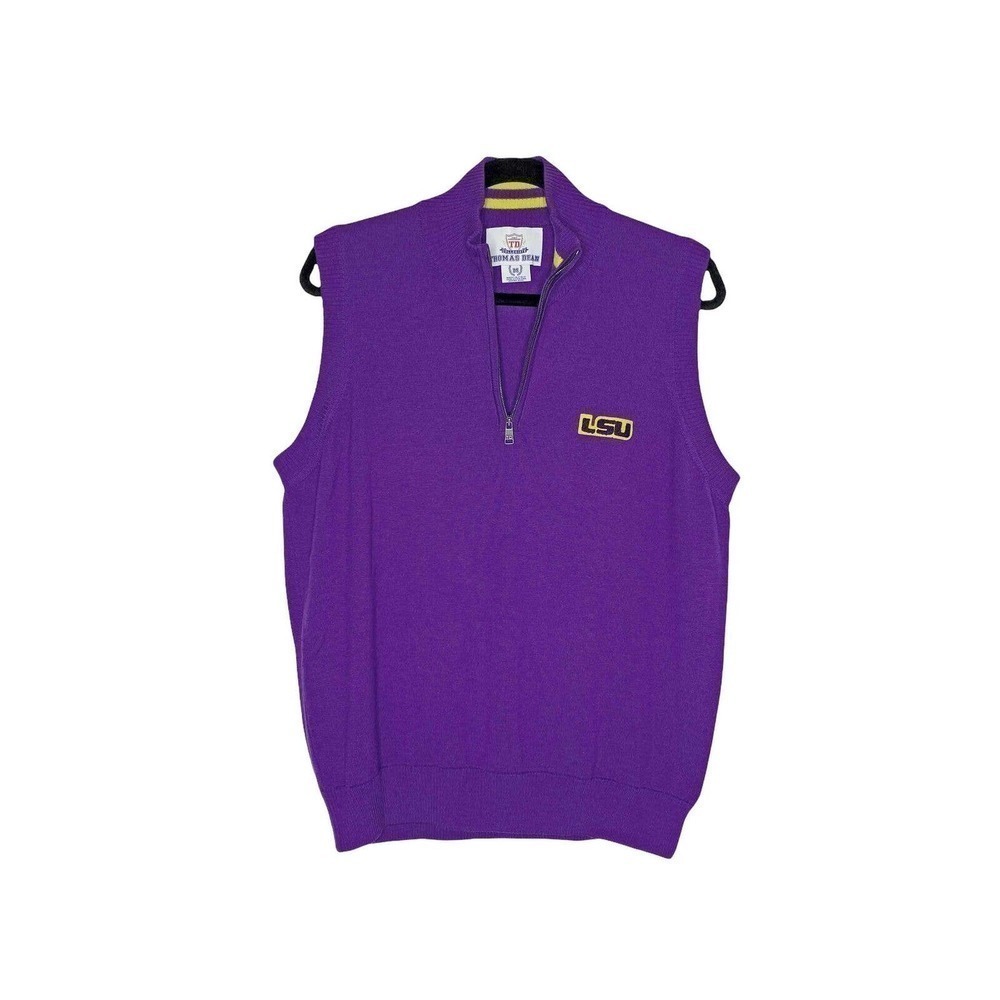 Thomas Dean LSU Sweater Vest Collegiate Extra Fine Merino Wool 1/4 Zip Medium
